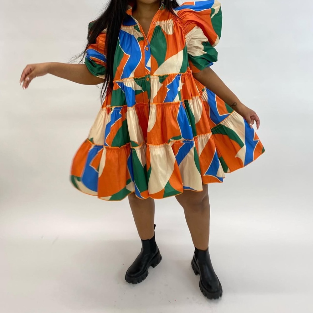 Colorful Puff Sleeve Dress